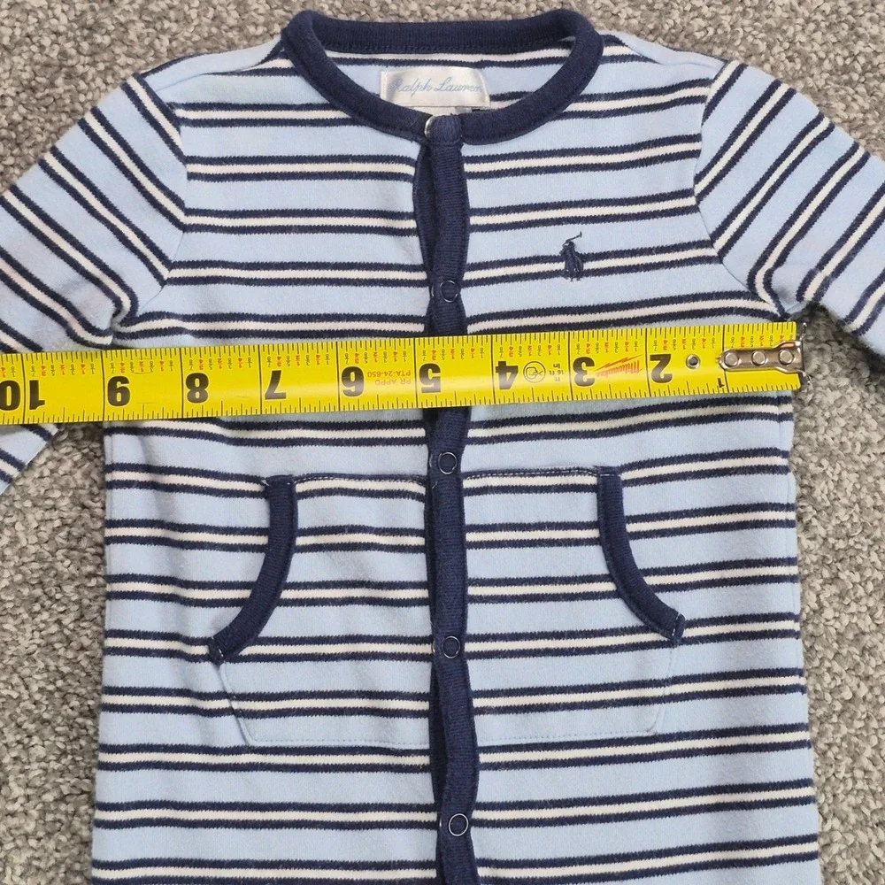 Ralph Lauren Coverall Baby Boy 6M Blue Striped Long Sleeve Snap Romper
